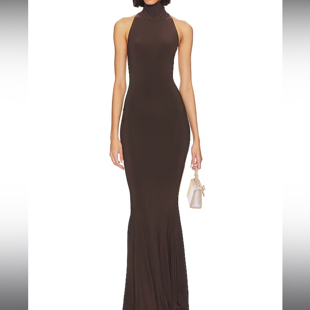 Brown Halter Turtle Neck Formal Dress